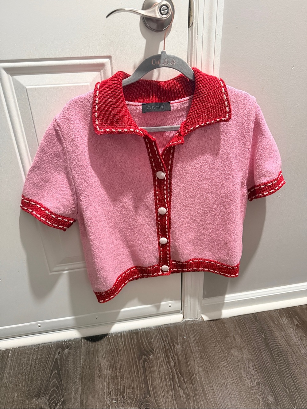 Zara Pink Short-Sleeve Knit Cardigan with Red Trim